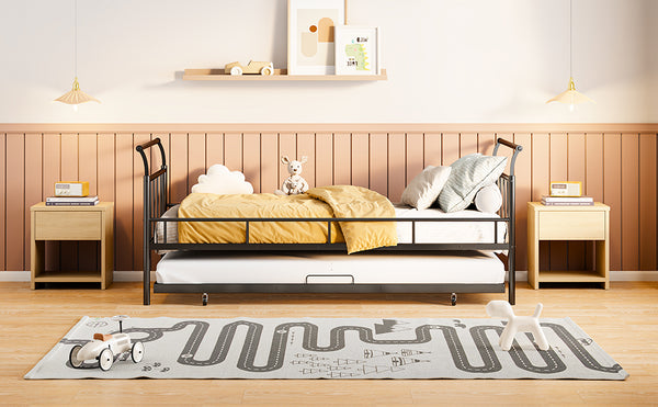 English Elm Twin Metal Daybed with Curved Handle Design and Durable Iron Trundle, Space-Saving Guest Bed Solution Black MF314054AAB