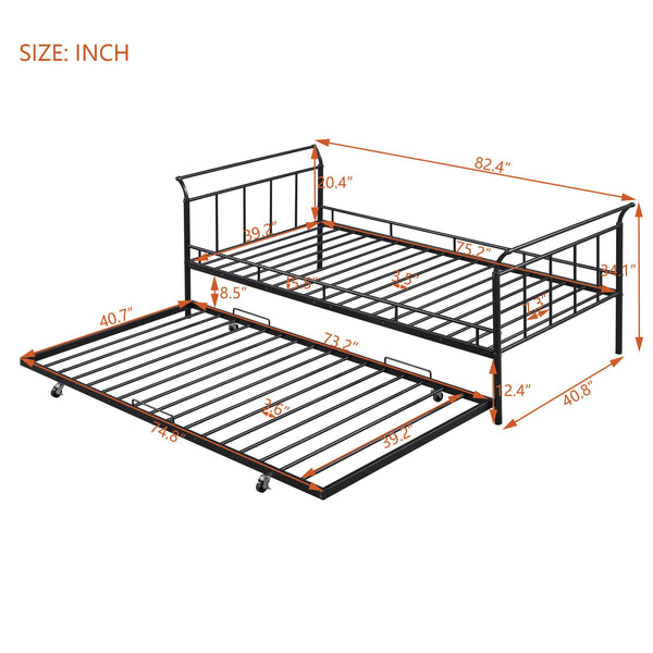 English Elm Twin Metal Daybed with Curved Handle Design and Durable Iron Trundle, Space-Saving Guest Bed Solution Black MF314054AAB
