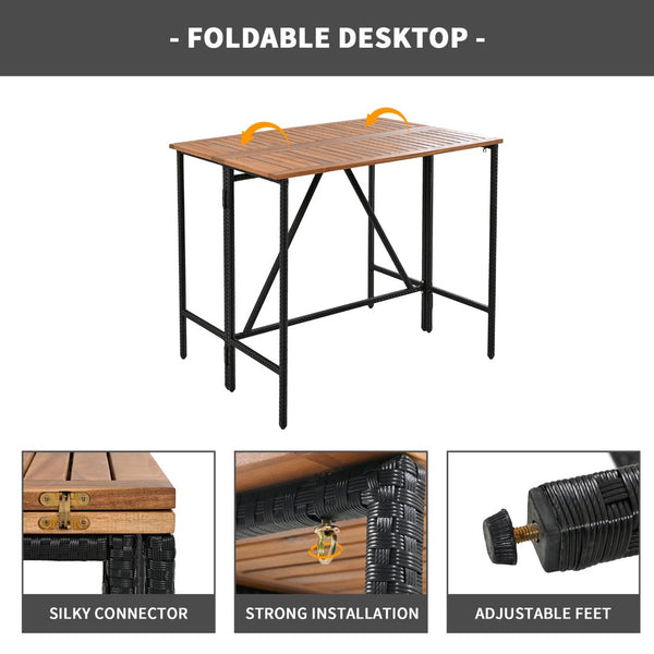 English Elm Go Acacia Wood Pe Rattan Bar Height Patio Set Eight Stools Foldable Outdoor Dining FG317873AAA