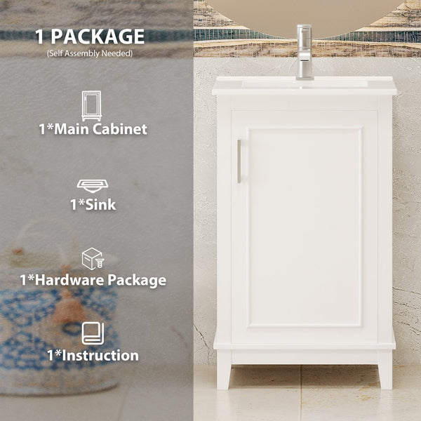English Elm 20 Inch Modern Small Bathroom Vanity Cabinet with Ceramic Basin, Soft-Close Door & Storage White WF318756AAK