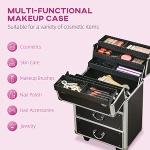 English Elm HOMCOM Lockable Rolling Makeup Train Case with Folding Trays, Swivel Wheels, Telescoping Handle, Black W2225P160431