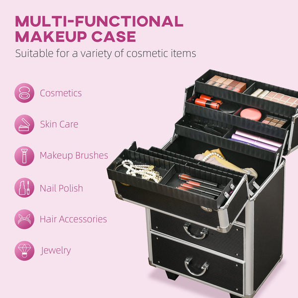 English Elm HOMCOM Lockable Rolling Makeup Train Case with Folding Trays, Swivel Wheels, Telescoping Handle, Black W2225P160431