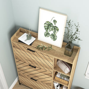 English Elm Shoe Cabinet with 3 Flip Drawers & Open Shelves, Slim Rustic Herringbone Organizer for Entryway Driftwood W2227P144266