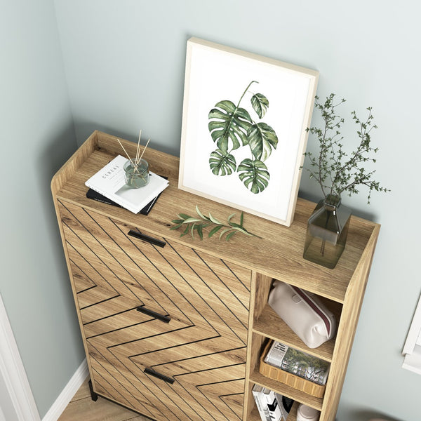 English Elm Shoe Cabinet with 3 Flip Drawers & Open Shelves, Slim Rustic Herringbone Organizer for Entryway Driftwood W2227P144266