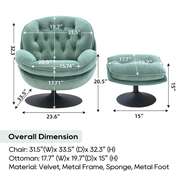 English Elm Swivel Tufted Velvet Accent Chair with Matching Ottoman for Living Room Lounge W1805142163