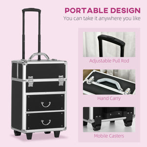 English Elm HOMCOM Lockable Rolling Makeup Train Case with Folding Trays, Swivel Wheels, Telescoping Handle, Black W2225P160431
