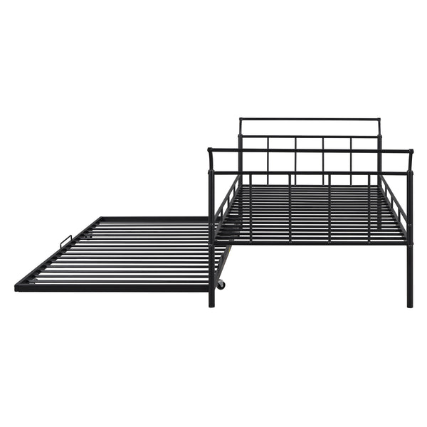 English Elm Twin Metal Daybed with Curved Handle Design and Durable Iron Trundle, Space-Saving Guest Bed Solution Black MF314054AAB