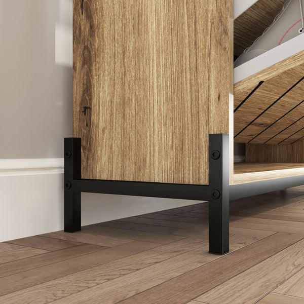 English Elm Shoe Cabinet with 3 Flip Drawers & Open Shelves, Slim Rustic Herringbone Organizer for Entryway Driftwood W2227P144266