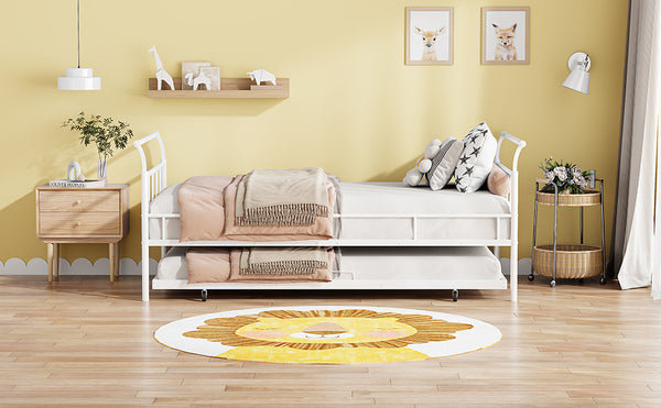 English Elm Twin Metal Daybed with Curved Handle Design and Durable Iron Trundle, Space-Saving Guest Bed Solution White MF314054AAK