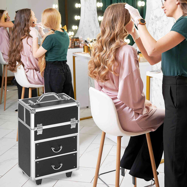 English Elm HOMCOM Lockable Rolling Makeup Train Case with Folding Trays, Swivel Wheels, Telescoping Handle, Black W2225P160431