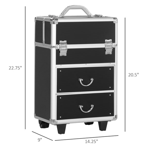 English Elm HOMCOM Lockable Rolling Makeup Train Case with Folding Trays, Swivel Wheels, Telescoping Handle, Black W2225P160431
