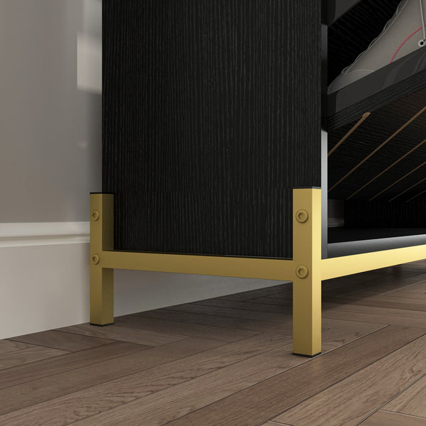 English Elm Shoe Cabinet with 3 Flip Drawers & Open Shelves, Slim Rustic Herringbone Organizer for Entryway Black W2227P144265