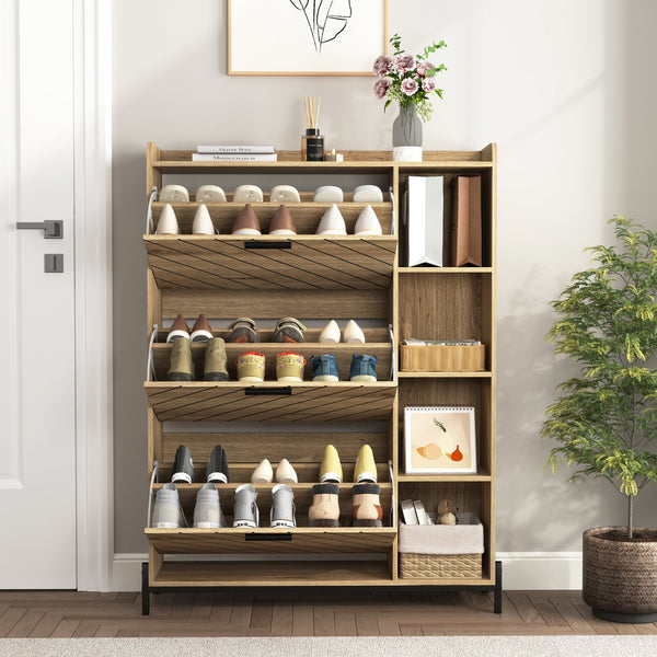 English Elm Shoe Cabinet with 3 Flip Drawers & Open Shelves, Slim Rustic Herringbone Organizer for Entryway Driftwood W2227P144266