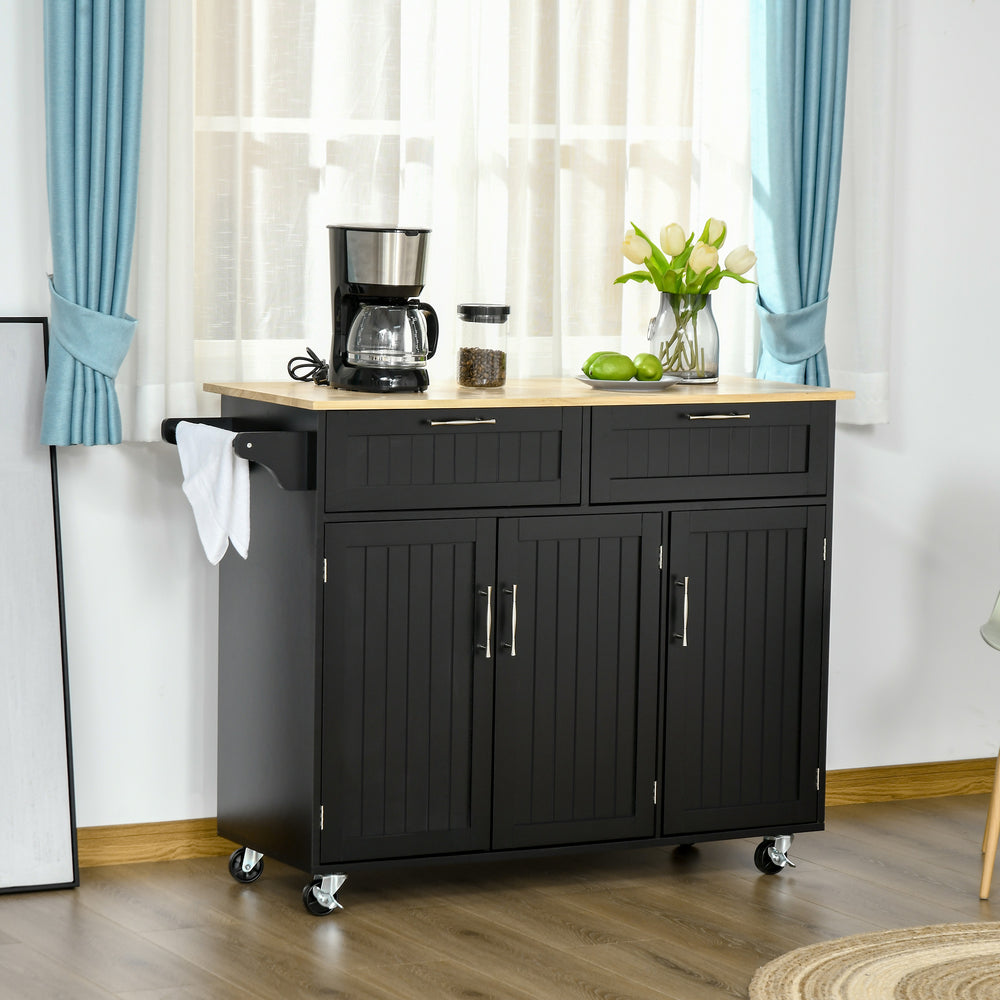 English Elm HOMCOM Mobile Kitchen Island Cart with Wood Top, 3 Cabinets, 2 Drawers, Wheels & Towel Rack W2225P160423