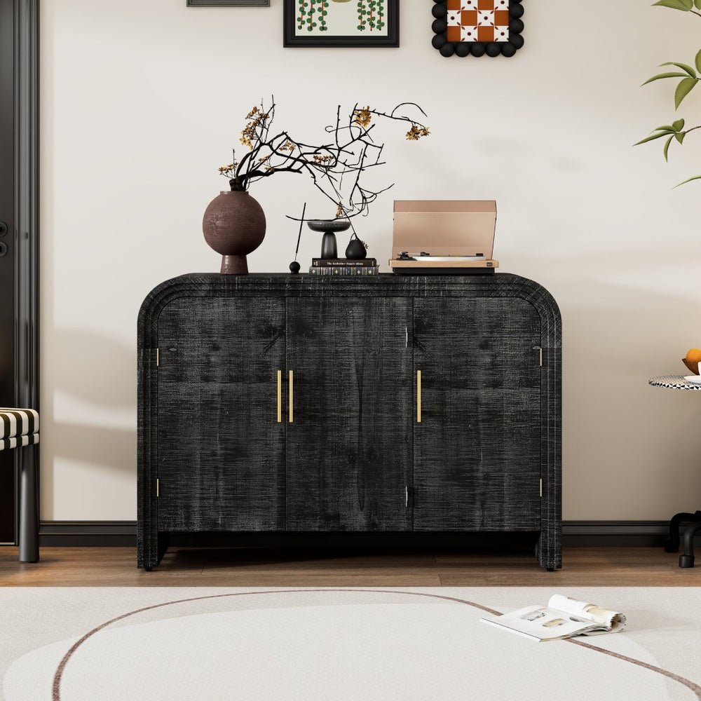 English Elm Trexm Retro Curved Buffet with Gold Pulls Antique Finish Wood Grain Dining Storage WF317093AAB