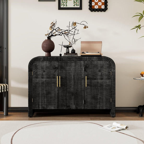 English Elm Trexm Retro Curved Buffet with Gold Pulls Antique Finish Wood Grain Dining Storage WF317093AAB