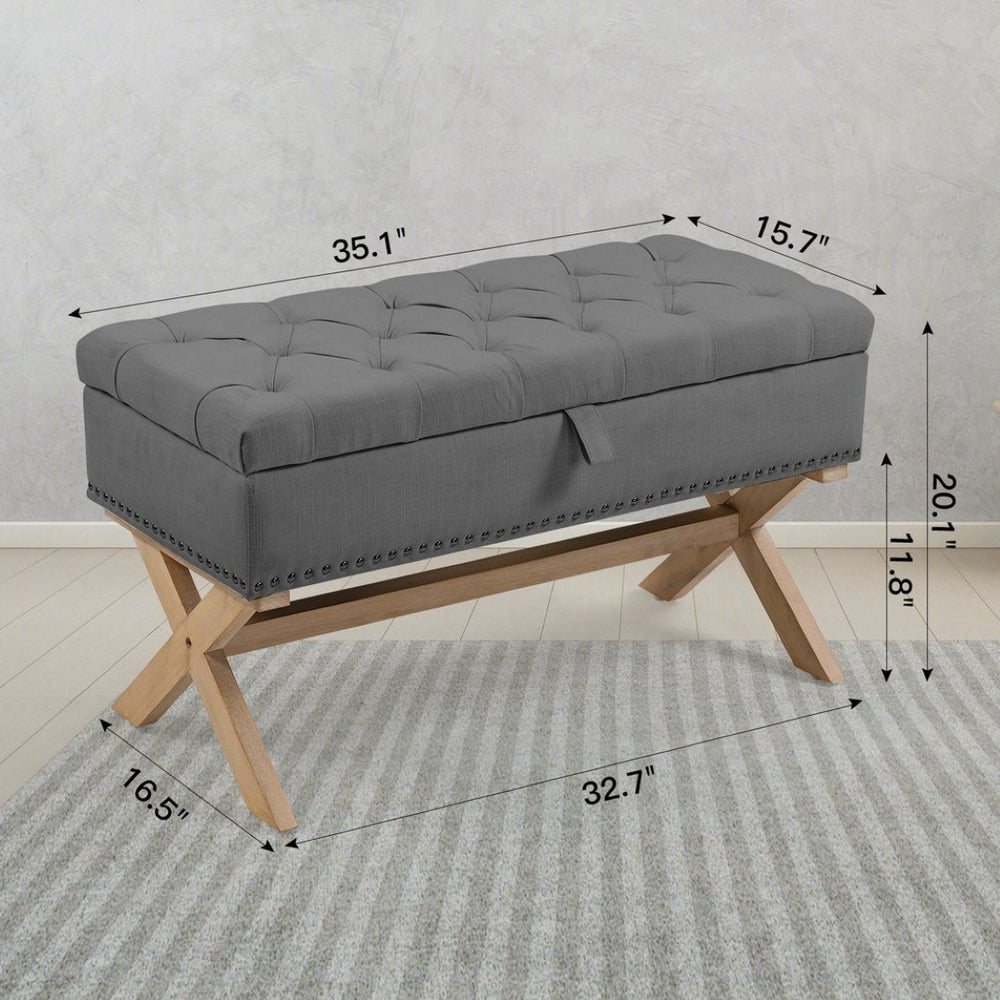 English Elm 35 Inch Linen Button Tufted Storage Ottoman Bench for Bedroom or Living Room W1955P144006