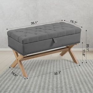 English Elm 35 Inch Linen Button Tufted Storage Ottoman Bench for Bedroom or Living Room W1955P144006