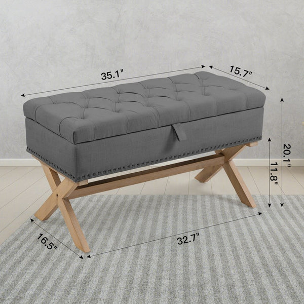 English Elm 35 Inch Linen Button Tufted Storage Ottoman Bench for Bedroom or Living Room W1955P144006