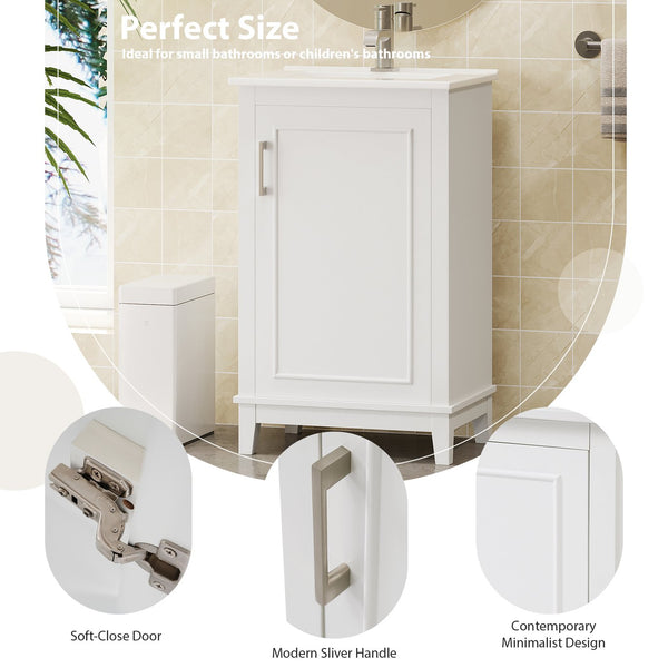 English Elm 20 Inch Modern Small Bathroom Vanity Cabinet with Ceramic Basin, Soft-Close Door & Storage White WF318756AAK