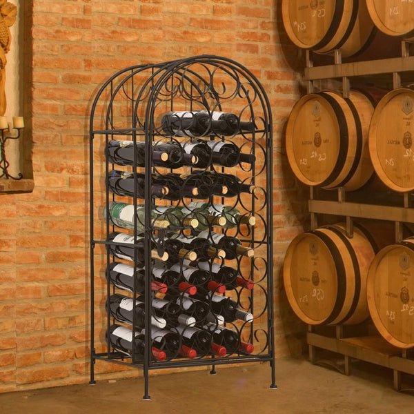 English Elm Homcom Wrought Iron Floor Wine Rack with Scrollwork Door Holds 35 Bottles W2225P160427