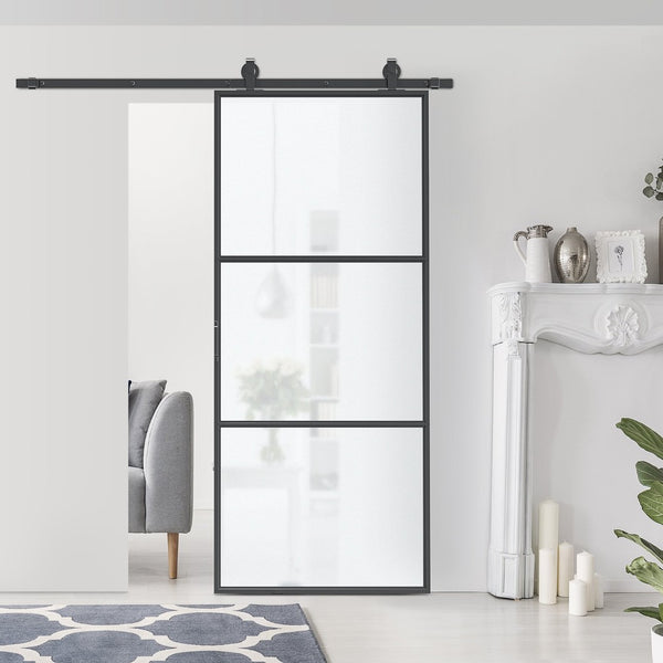 English Elm Homcom Frosted Tempered Glass Sliding Barn Door Carbon Steel Frame Privacy Room Divider W2225P160419