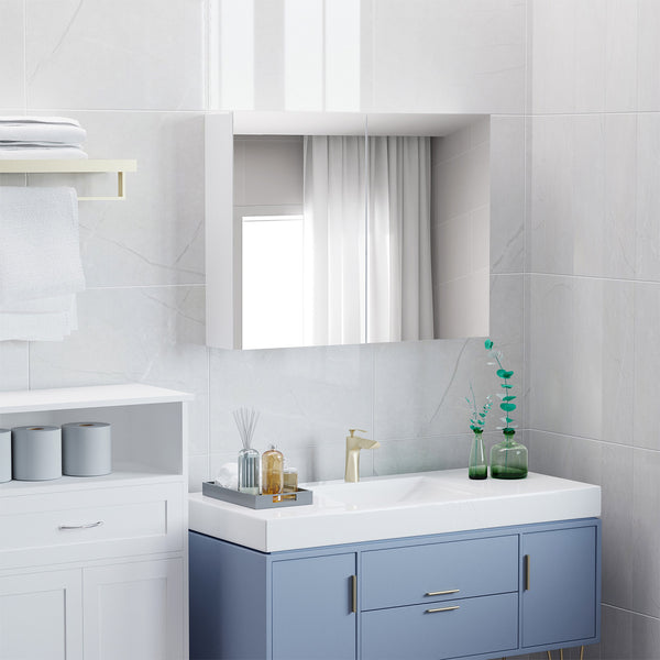 English Elm HOMCOM Modern Double Door Wall Medicine Cabinet Mirror, 31.5"x23.5", White MDF, Quiet Hinges & Ample Storage W2225P160434
