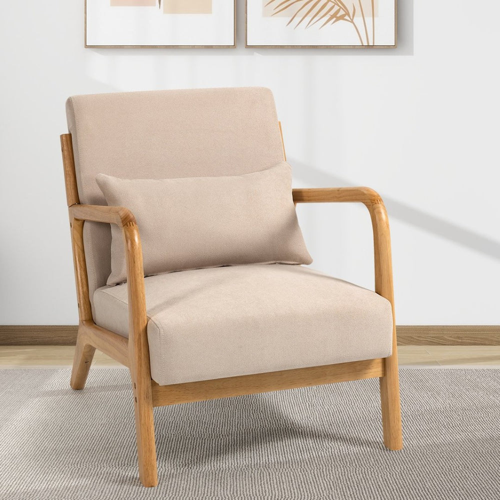 English Elm Leisure Mid-century Accent Chair Solid Wood Frame Linen Upholstered Single Seat Lounge Beige W1955P144518