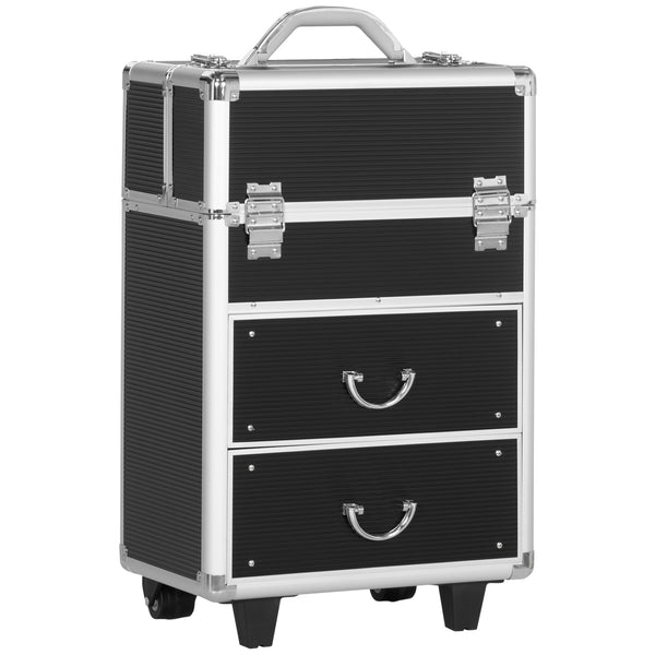 English Elm HOMCOM Lockable Rolling Makeup Train Case with Folding Trays, Swivel Wheels, Telescoping Handle, Black W2225P160431