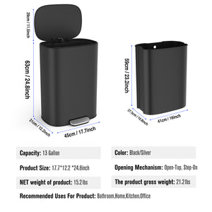 English Elm 13 13 Gallon/50L Stainless Steel Trash Can with Soft-Close Lid, Fingerprint-Proof Pedal Bin, Black W1550142007