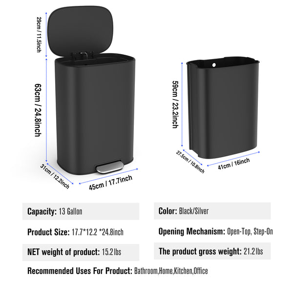 English Elm 13 13 Gallon/50L Stainless Steel Trash Can with Soft-Close Lid, Fingerprint-Proof Pedal Bin, Black W1550142007