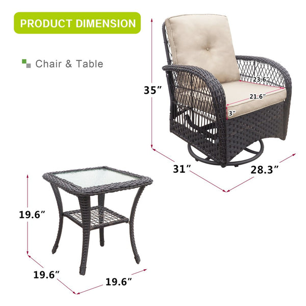 English Elm 3 Piece Outdoor Wicker Rocking Bistro Set with Glass Top Table for Patio Porch W1889111359