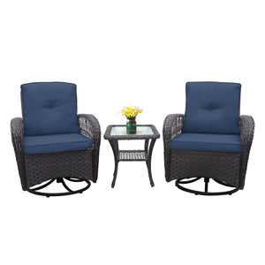 English Elm 3 Pieces Conversation Set — Weatherproof Wicker Rocking Swivel Patio Bistro with Tempered Glass Table Navy Blue W1889P160505