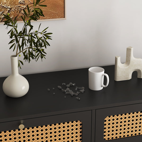 English Elm Rattan 6-Drawer Dresser with Rattan Doors & Gold Handles, Water-Resistant MDF, Spacious Storage W1321132577