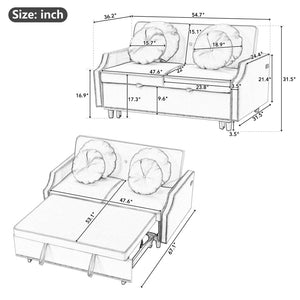 English Elm 54.7" Multiple Adjustable Positions Sofa Bed Stylish Sofa Bed With A Button Tufted Backrest, Two Usb Ports and Four Floral Lumbar Pillows For Living Room, Bedroom,Or Small Space, Coffee