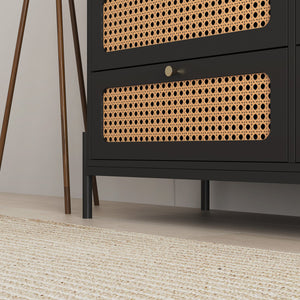 English Elm Rattan 6-Drawer Dresser with Rattan Doors & Gold Handles, Water-Resistant MDF, Spacious Storage W1321132577