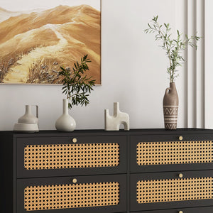 English Elm Rattan 6-Drawer Dresser with Rattan Doors & Gold Handles, Water-Resistant MDF, Spacious Storage W1321132577