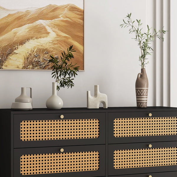 English Elm Rattan 6-Drawer Dresser with Rattan Doors & Gold Handles, Water-Resistant MDF, Spacious Storage W1321132577