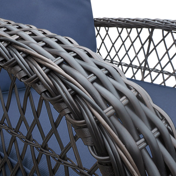 English Elm 3 Pieces Conversation Set — Weatherproof Wicker Rocking Swivel Patio Bistro with Tempered Glass Table Navy Blue W1889P160505