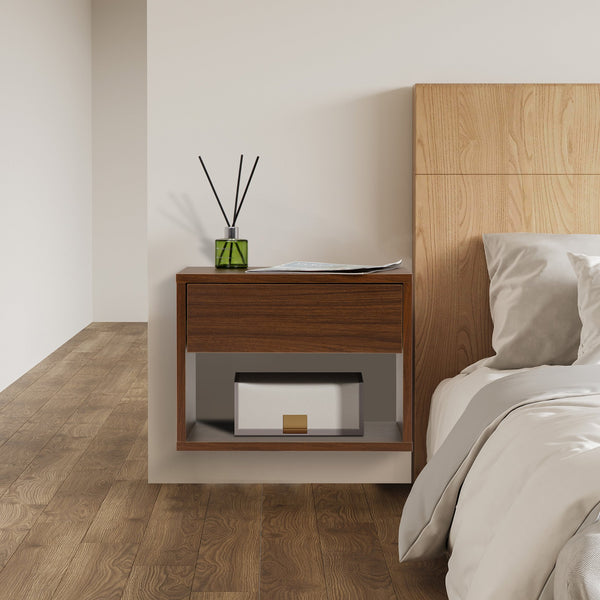 English Elm Wall mounted bedside table set of two Walnut — sturdy P2 board, 20kg desktop, dual-slide drawers, wall-fixed instructions included W2181P160506
