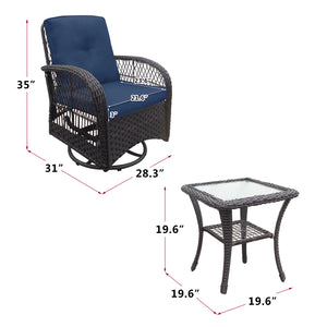 English Elm 3 Pieces Conversation Set — Weatherproof Wicker Rocking Swivel Patio Bistro with Tempered Glass Table Navy Blue W1889P160505