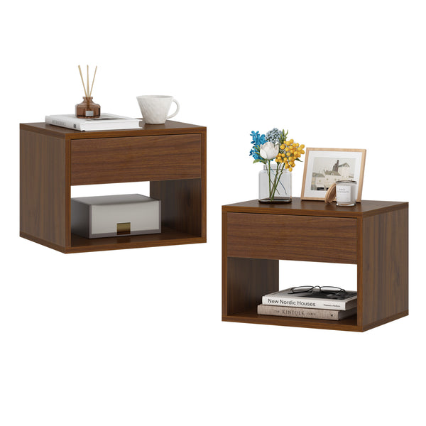 English Elm Wall mounted bedside table set of two Walnut — sturdy P2 board, 20kg desktop, dual-slide drawers, wall-fixed instructions included W2181P160506