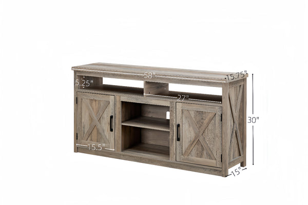 English Elm Farmhouse Barn Door TV Media Stand Gray Wash Wood Grain Console for TVs up to 65" with Open & Closed Storage and Cable Management — 61.8"L x 18.9"W x 30.3"H W2275P149121
