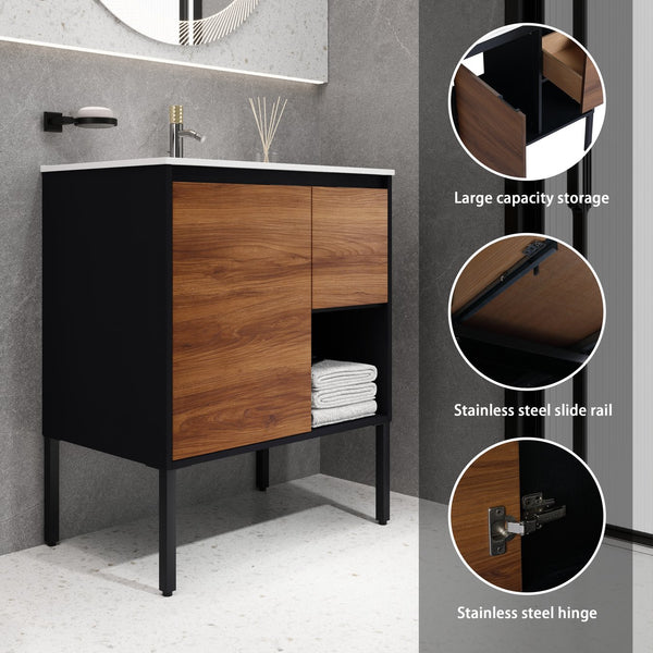 English Elm 30 inch Dual-Install Vanity with Gel Sink, Soft-Close Doors & 2/3 Drawers, Plywood, Water-Resist Finish W999102639