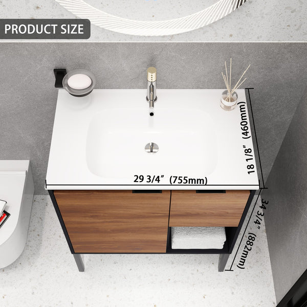 English Elm 30 inch Dual-Install Vanity with Gel Sink, Soft-Close Doors & 2/3 Drawers, Plywood, Water-Resist Finish W999102639