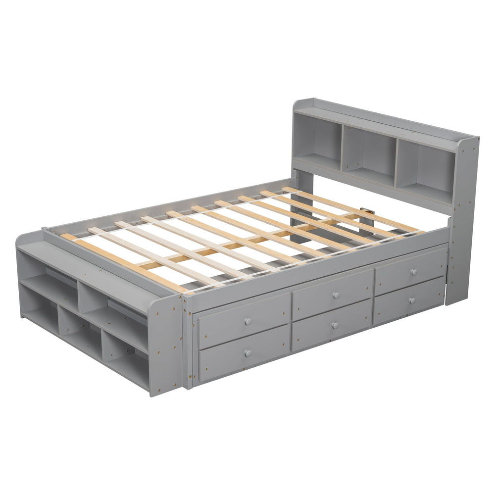 English Elm Full Storage Bed With Bookcase Headboard, Under-Bed Drawers & Stylish Grey Finish For Small Spaces W504S00126