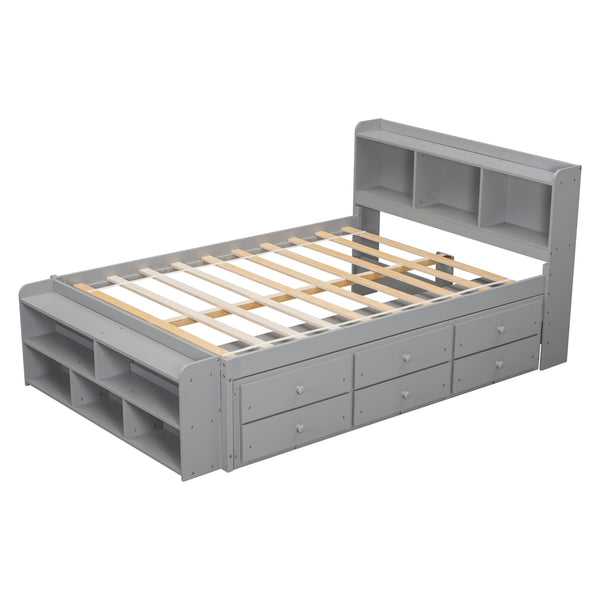 English Elm Full Storage Bed With Bookcase Headboard, Under-Bed Drawers & Stylish Grey Finish For Small Spaces W504S00126