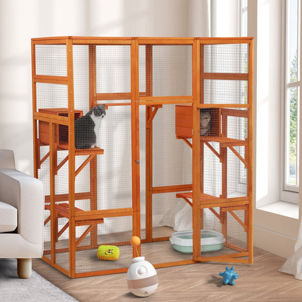 English Elm Large Outdoor Cat Enclosure Fir Wood Mesh Multi-level Habitat with Perches and Condos W2181P160607