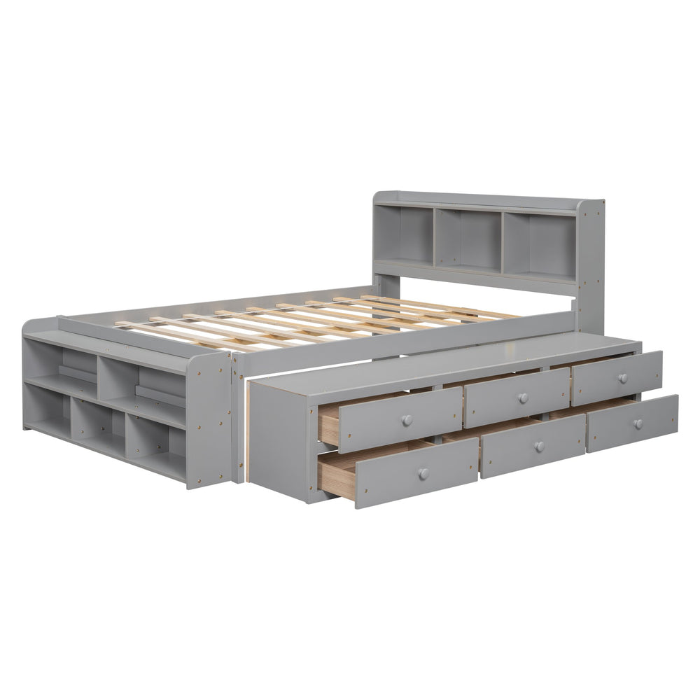 English Elm Full Storage Bed With Bookcase Headboard, Under-Bed Drawers & Stylish Grey Finish For Small Spaces W504S00126