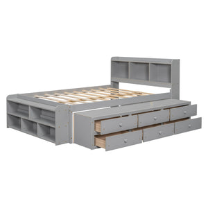 English Elm Full Storage Bed With Bookcase Headboard, Under-Bed Drawers & Stylish Grey Finish For Small Spaces W504S00126